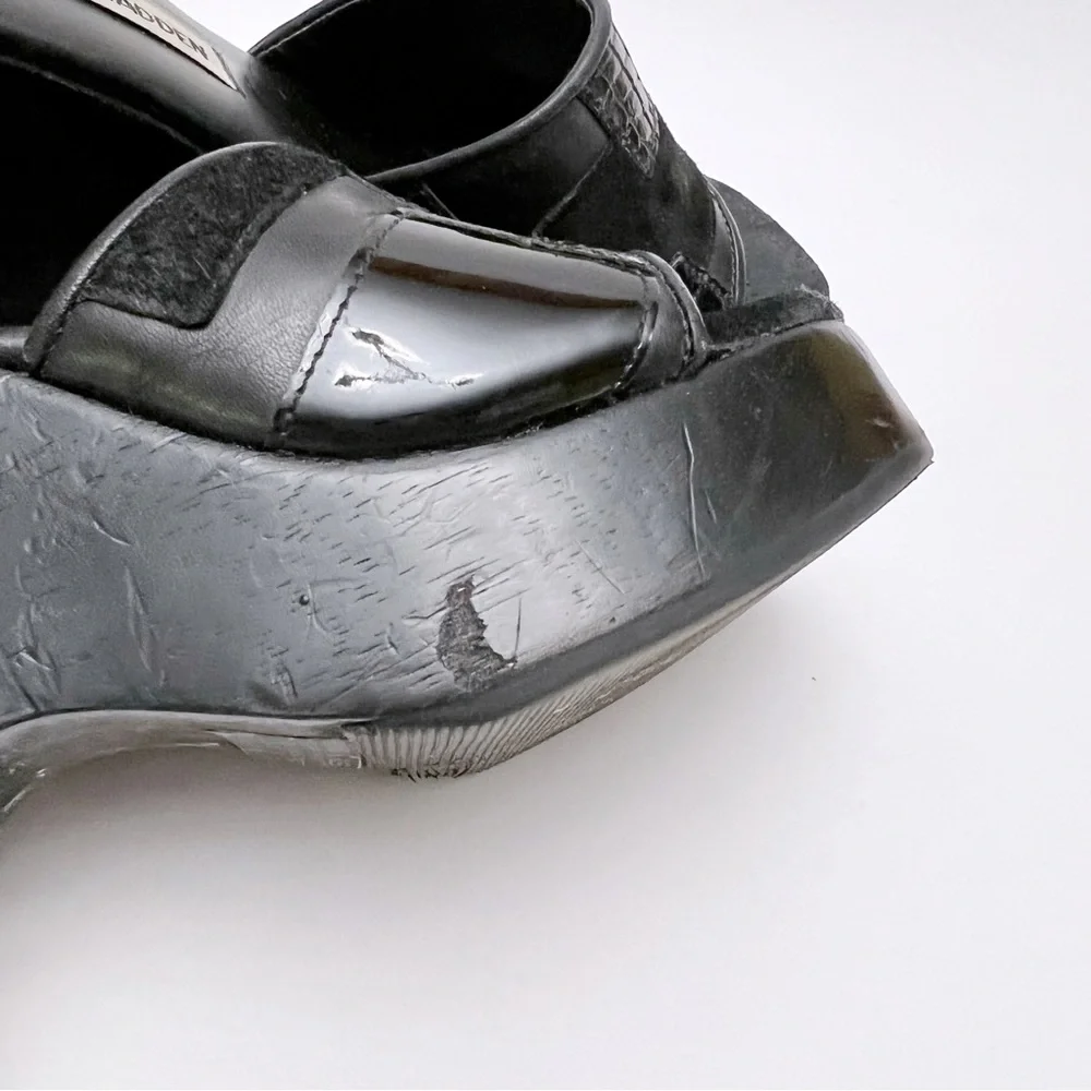 Vintage 90s Y2K Steve Madden Black Patchwork Leather Wood Platform Sandals - Picture 10 of 11